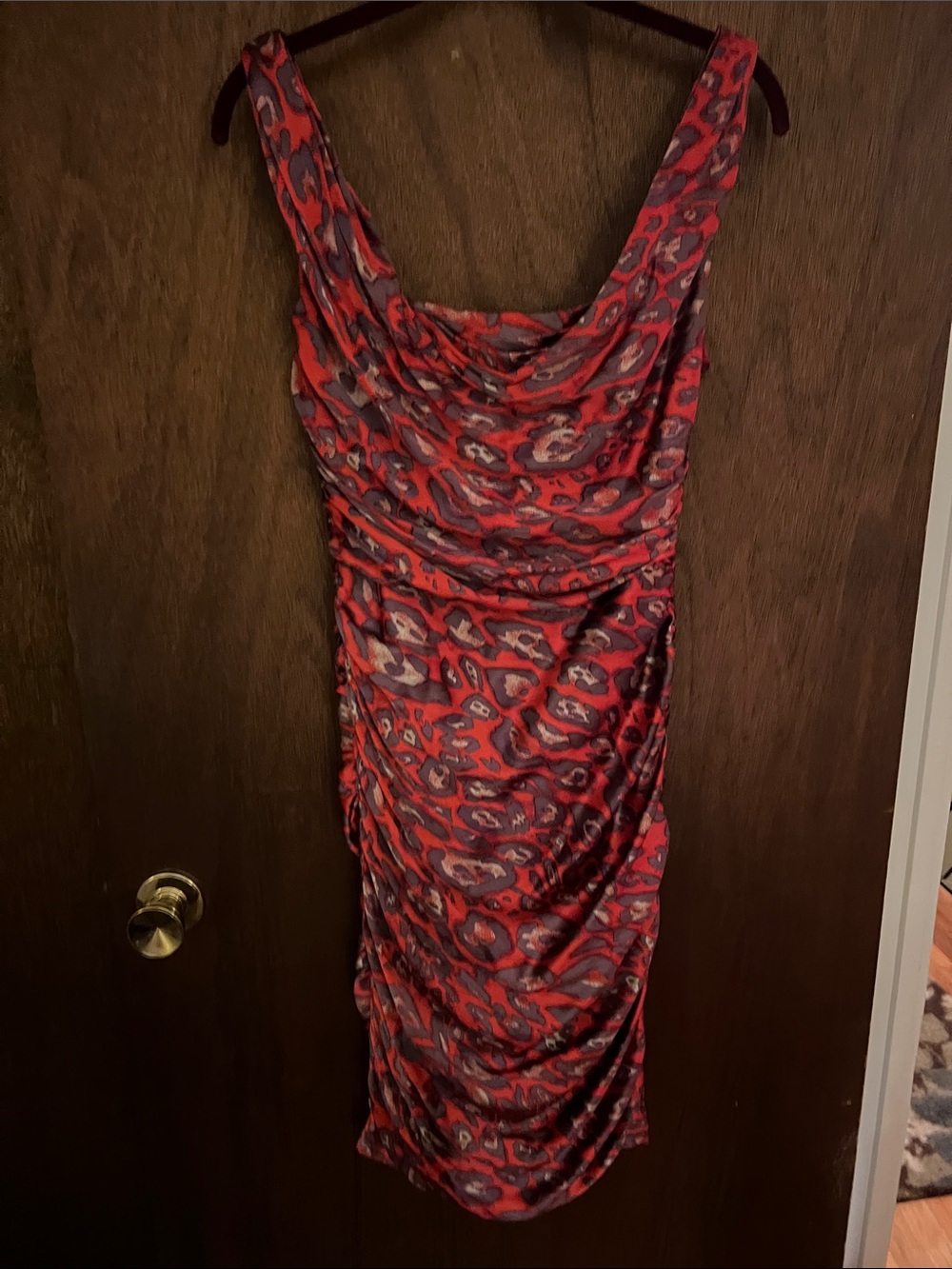 David Meister Red and Charcoal Animal-Print Ruched Dress
